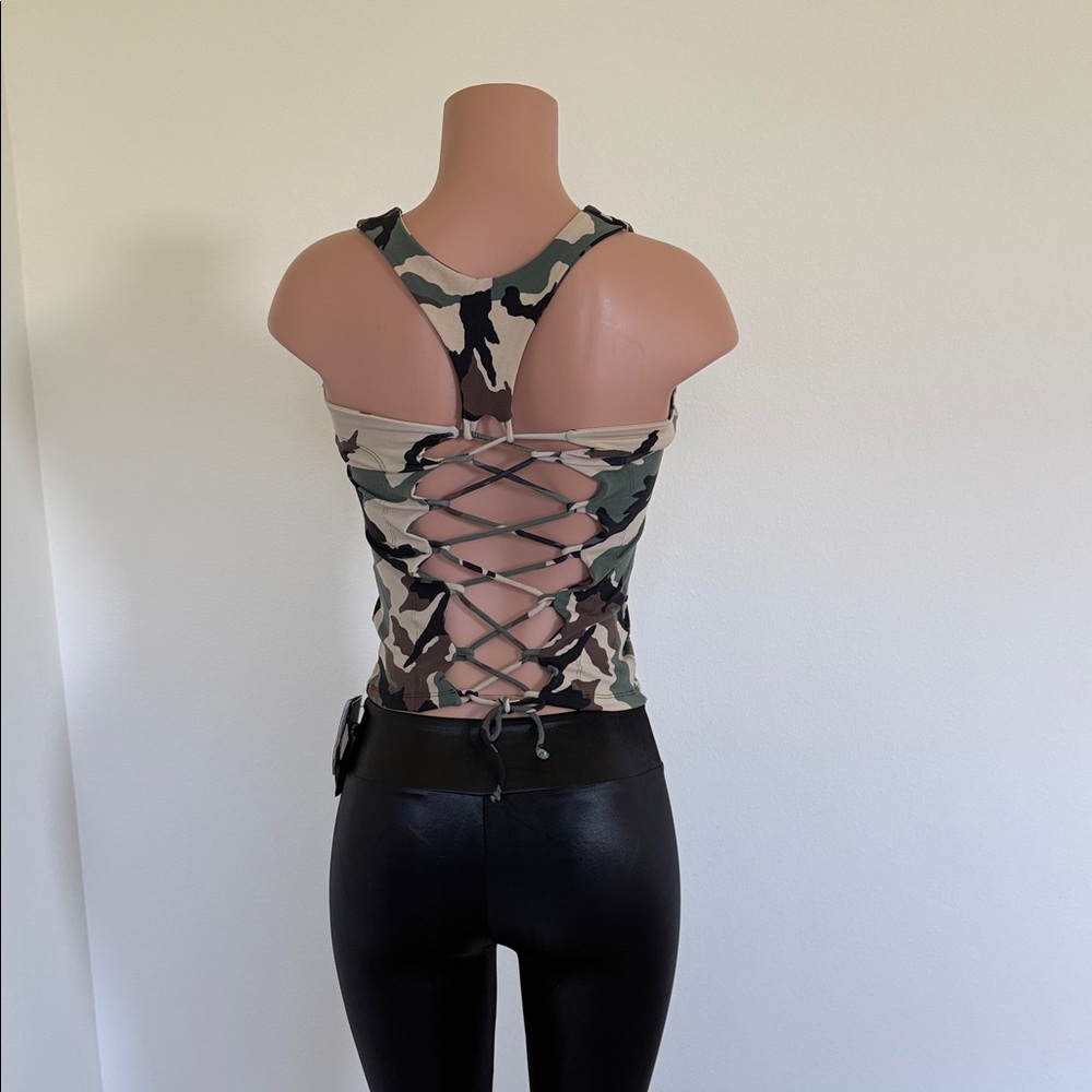 Camouflage Lace-Up Back Tank Top